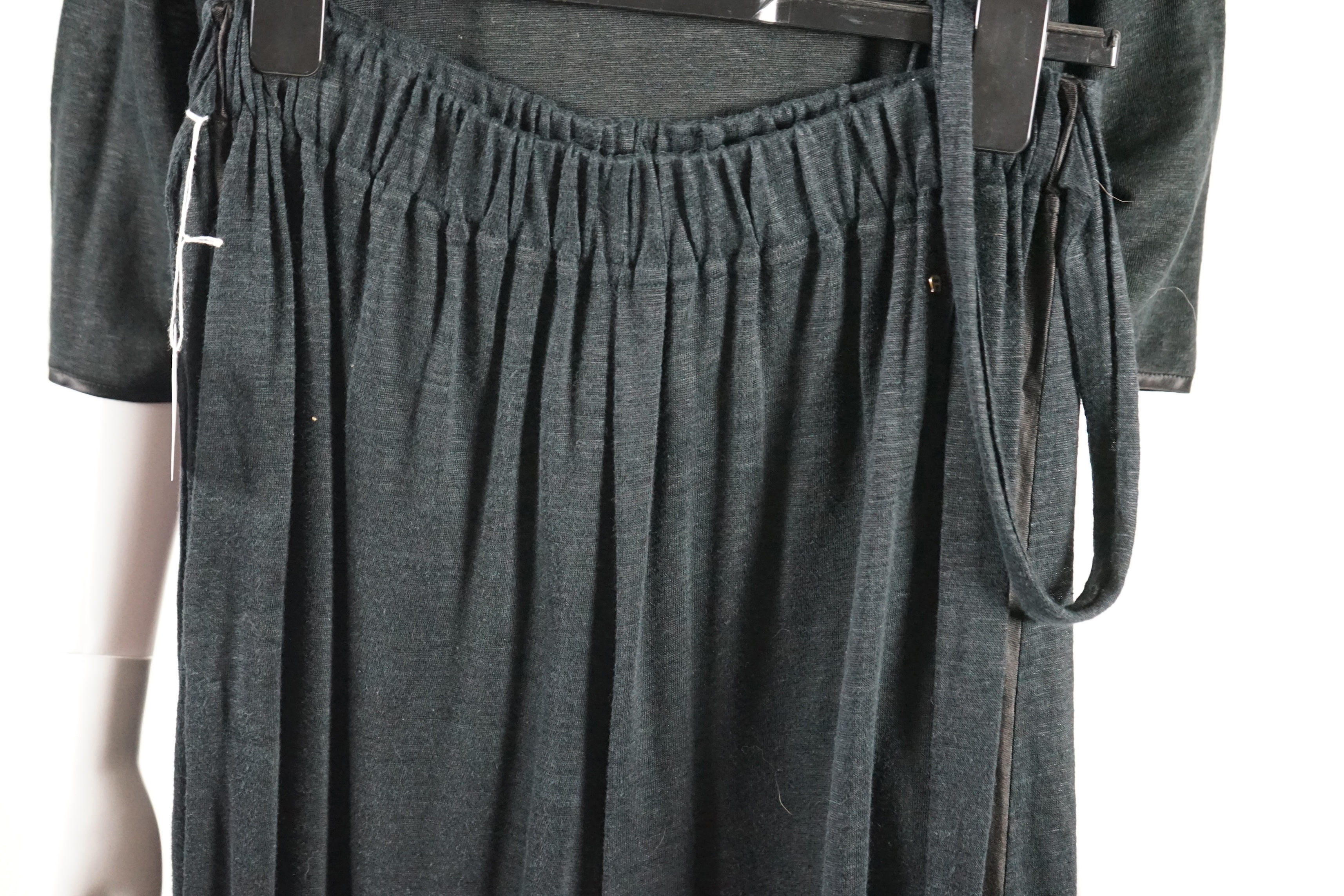 An assortment of lady's clothes including a knitted coat/cardigan, a Sahara velvet overshirt and linen trousers, a Joules white cotton lace top, an Aiger dark grey trouser and long sleeve lounge suit, etc. Sizes 14-16 Pr